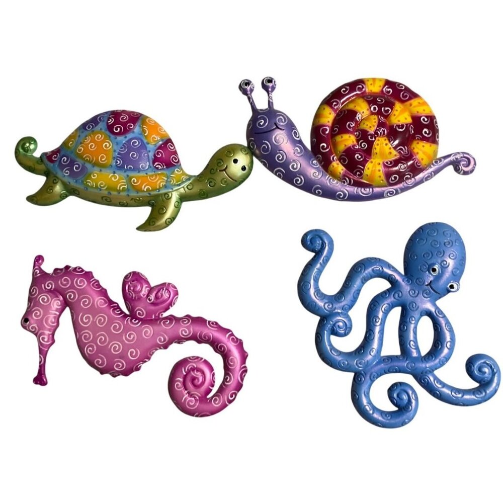 Colorful Hand-Painted Wall Art Set - Seahorse Turtle Octopus & Snail